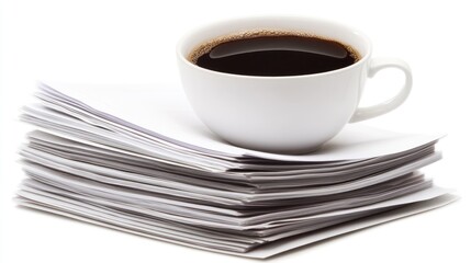 Poster - A neatly organized business desk with reports and coffee, soft white background.