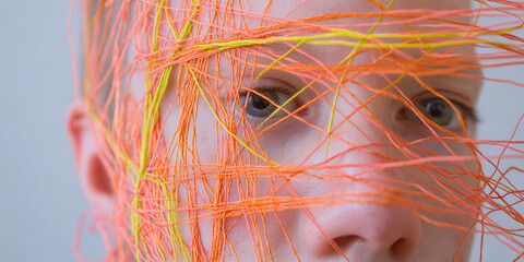 Poster - Human Face Partially Covered by Orange and Yellow Threads