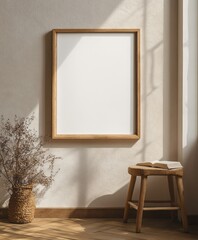 Minimalist Art Piece Blank Canvas Natural Wooden Frame Soft Lighting Elegant Interior Design