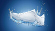 © Punn - white sneaker is depicted in mid air surrounded by splashing water, emphasizing its waterproof feature and durability. vibrant blue background enhances dynamic and fresh appeal of image