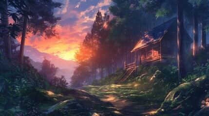 Wall Mural - Tranquil Forest Landscape at Dusk Featuring a Serene Cabin Surrounded by Lush Trees and Vibrant Sunset Glow Over a Peaceful Pathway