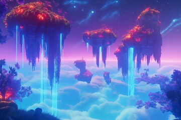 Poster - A surreal landscape with floating islands, waterfalls cascading into the clouds