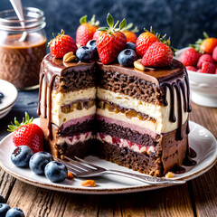 Wall Mural - cake is delicious and with chocolate, strawberries, blackberries, blueberries it's even better.