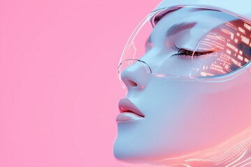 Poster - Futuristic ai humanoid robot wearing a transparent visor reflecting digital data in a pink environment