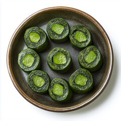 Poster - Plate of Matcha Cheesecake Bites, Sushi Plate Style, top view, isolated on white, food photography