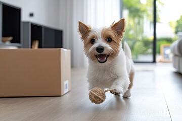 A cheerful dog jubilantly plays with a woven toy in a modern living space, showcasing joy and companionship against the backdrop of a cardboard box and soft decor.