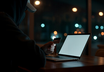 Poster - Hooded person sits at a dimly lit table, holding a credit card and using a laptop, suggesting online shopping or cybersecurity themes