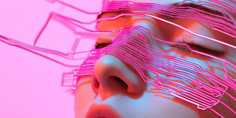 Poster - Human Face Partially Covered by Pink Circuit Pattern