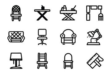 Fototapete - Create a clean, editable line icon set depicting various furniture pieces for the industry; including chairs, sofas, tables, beds, etc.  Focus on simple, professional style.