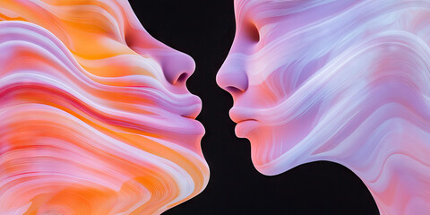 Poster - Abstract Digital Artwork of Two Profiled Faces with Swirling Color Patterns