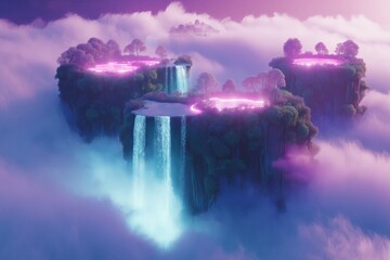 Wall Mural - A surreal landscape with floating islands, waterfalls cascading into the clouds