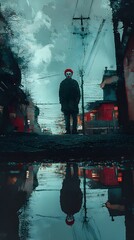 Fototapete - Dramatic contrast scene where a man looks into a puddle his clown reflection vivid against the muted greyblue village street Digital painting focus technique high dynamic range no man reflection