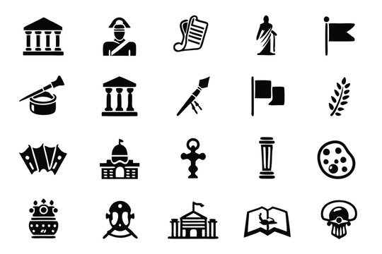 Create a clean, line-art icon set representing diverse historical and cultural elements, suitable for editing and various applications.  Include editable strokes for easy customization.
