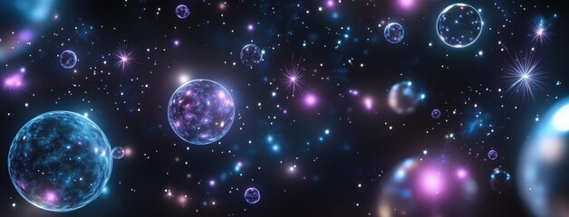 Abstract background showcases glowing stars, comets, and galaxies in a dark blue night sky, creating a mesmerizing cosmic atmosphere.