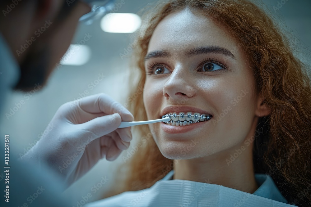 An orthodontist explaining dental hygiene to a patient with braces ...