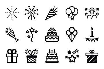 Fototapete - Create a clean, line-art icon set depicting various holiday and celebratory themes, suitable for editing and customization.  Include diverse festive symbols.