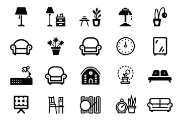 Fototapete - Create a clean, minimalist line art icon set depicting various home and living elements, suitable for app interfaces or websites.  Include editable vector files.
