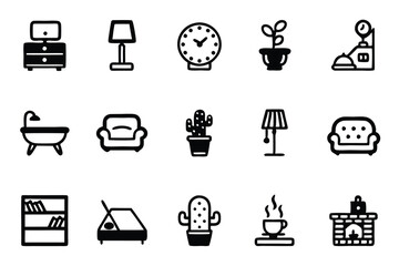 Fototapete - Create a set of editable line icons depicting various home and living elements, including furniture, appliances, and household items.