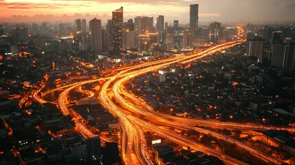Poster - Light trails created by vehicles driving on a busy highway interchange at sunset, with illuminated skyscrapers and buildings in the background, creating a vibrant urban scene