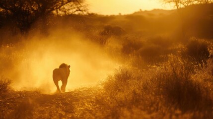 lion stalking in savanna at sunset ultra hd golden dusk