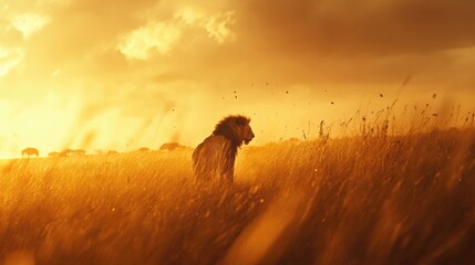 lion stalking in savanna sunset ultra hd golden dusk