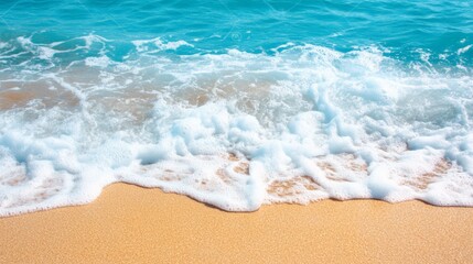 Poster - Turquoise ocean water creating white foam waves gently washing golden sand on a sunny summer day, creating a relaxing and idyllic beach scene