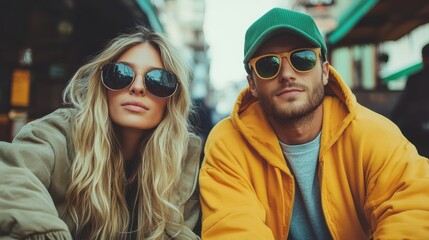 Urban couple showcases outdoor fashion with effortless coolness and style