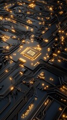 Poster - Abstract circuit board design showcases glowing golden elements and a prominent black circle, ideal for technology and digital themes
