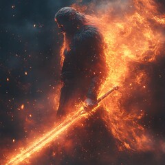 Poster - Dramatic hyperrealistic scene of a Viking fire god in a disintegrating form holding a sword as molten flakes drift away exposing vibrant electric veins beneath set against darkness