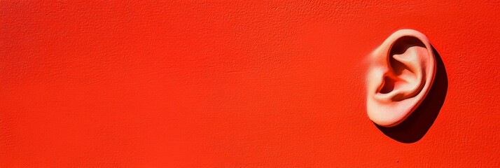 Aufkleber - Large ear is attached to a vibrant red background, symbolizing the importance of hearing and the power of sound in communication and perception