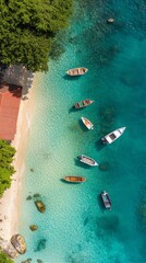 Aufkleber - Aerial view of fishing boats floating on crystal clear turquoise water near a tropical beach with white sand and lush vegetation, creating a serene and idyllic paradise scene