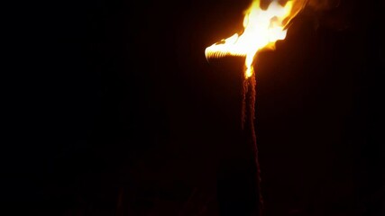 Poster - bright flames flicker and dance atop a wooden torch, casting a warm glow against the backdrop of nig