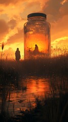 Poster - Dreamlike illustration of a lone figure in a forgotten landscape gazing at a massive glass jar with a trapped woman with murky water and fading sunset light enhancing the sense of mystery