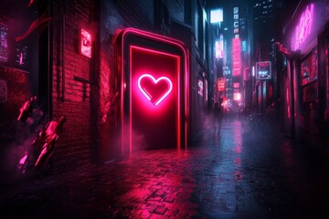 Poster - A cyberpunk-inspired scene of a single neon-lit doorway glowing brightly in a dark alley filled with futuristic buildings and holograms