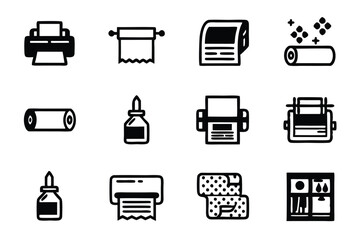 create a clean, editable line icon set depicting various aspects of the printing press industry, inc