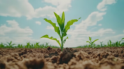 Wall Mural - Young corn sprout in field, sunny day. Agriculture growth concept