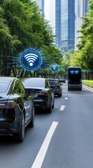 Poster - Groups of cars travel along an urban road connected by smart technology, showcasing real-time data and traffic information.
