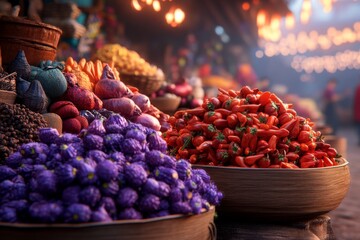 Poster - A detailed 3D illustration of a marketplace with vendors surrounded by piles of colorful produce, spices, and fabrics, creating a bustling, lively scene