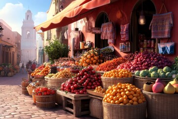 Poster - A detailed 3D illustration of a marketplace with vendors surrounded by piles of colorful produce, spices, and fabrics, creating a bustling, lively scene