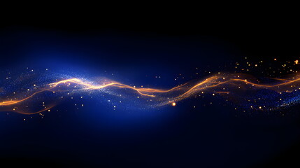 Poster - Energy glowing wave with gold and blue flashes and light rays and particles on black background. Abstract background with copyspace.
