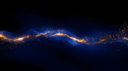 Poster - Energy glowing wave with gold and blue flashes and light rays and particles on black background. Abstract background with copyspace.