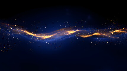 Poster - Energy glowing wave with gold and blue flashes and light rays and particles on black background. Abstract background with copyspace.