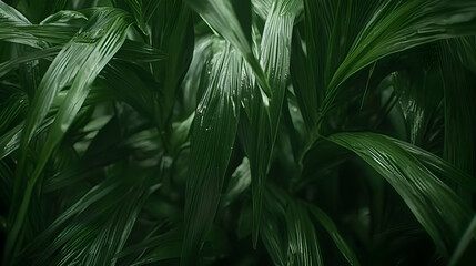 Wall Mural - Lush green foliage, tropical leaves, dark background, nature texture, website banner