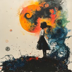 Poster - Dynamic blackandwhite sketch of a small girl having an animated dialogue with the moon and stars with a burst of surreal colors and expressive alcohol ink splatter effects evoking a sense of wonder