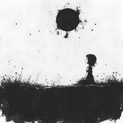 Poster - Dynamic blackandwhite sketch of a small girl having an animated dialogue with the moon and stars with a burst of surreal colors and expressive alcohol ink splatter effects evoking a sense of wonder