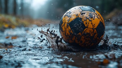 Poster - Dynamic closeup of a football sinking into mud the splash frozen in time with minimal light adding shadow creating a gritty mysterious atmosphere focused on the interaction of ball and mud