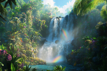Poster - A waterfall cascading into a vibrant jungle, with sunlight breaking through the canopy