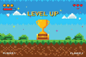 Aufkleber - Level up. and gold trophy on treasure chest. Pixel game with screen. Retro 8 bit video game interface natural landscape with blue sky, trees and green grass. Pixelated 8 bit video-game.