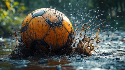 Poster - Dynamic closeup of a football sinking into mud the splash frozen in time with minimal light adding shadow creating a gritty mysterious atmosphere focused on the interaction of ball and mud