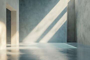A lifelike 3D rendering of a vacant light green studio backdrop crafted from cement, featuring a spotlight ideal for display or design applications.
